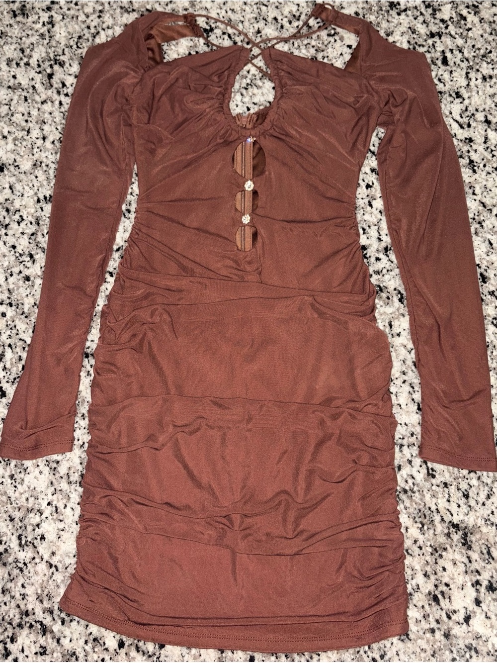 Long Sleeve Brown Ruched Cutout Mini Dress